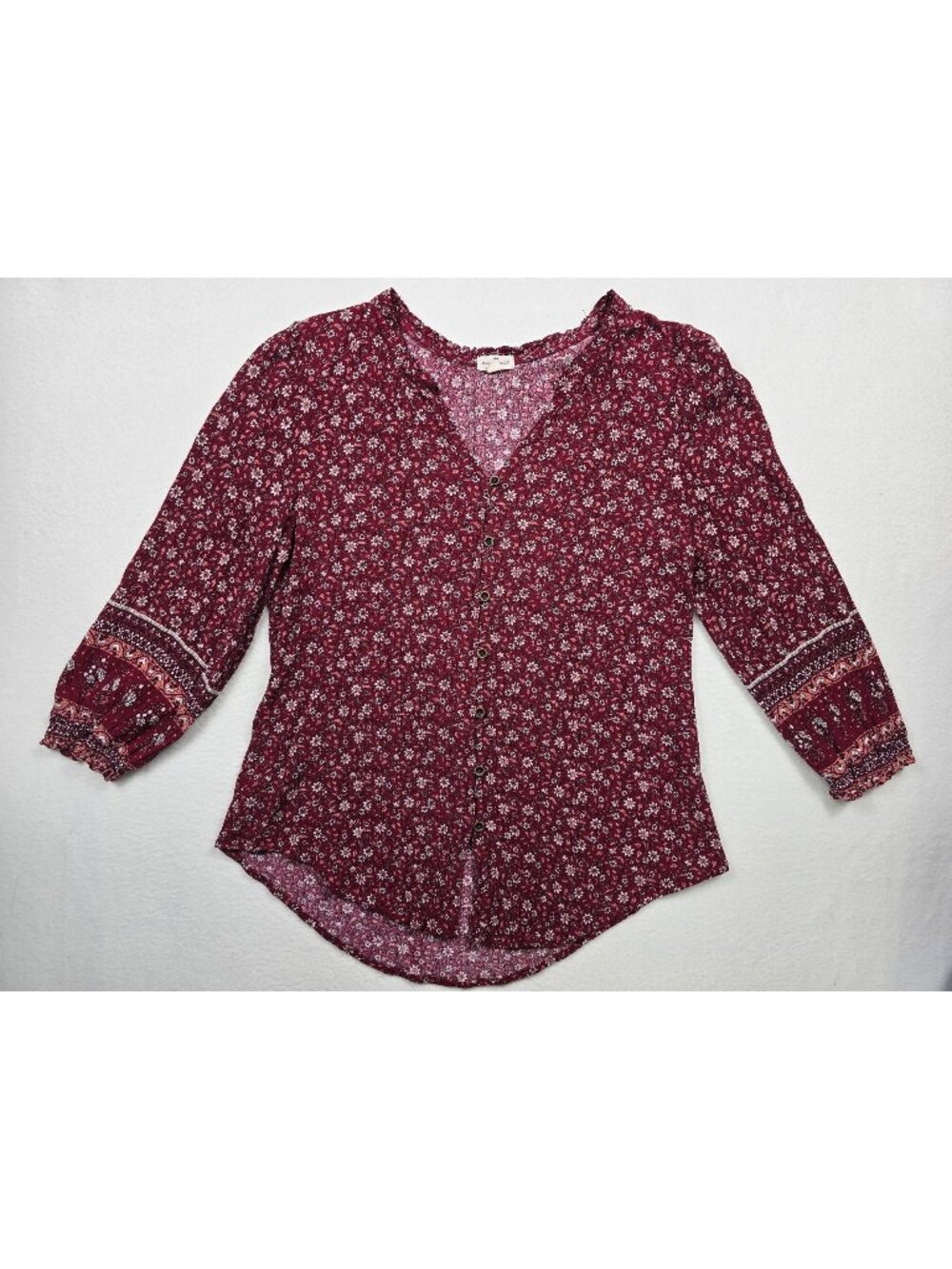 Mason & Belle Red Floral Button-Up Peasant Top Womens Size L Boho V Neck